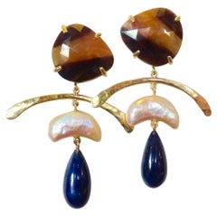 Michael Kneebone Sapphire Cultured Pearl Blue Sapphire Gold Dangle Earrings