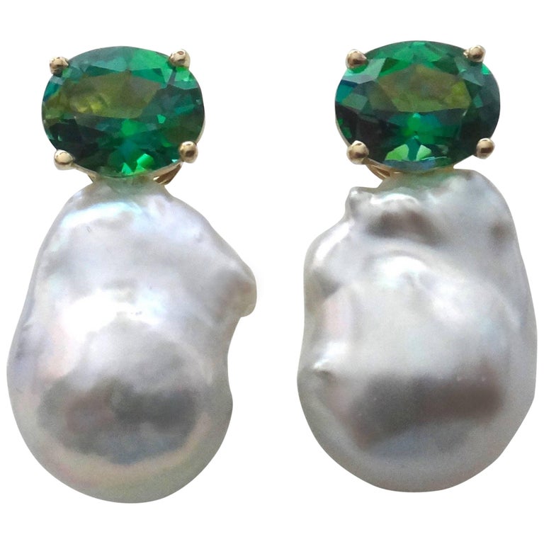 Michael Kneebone Green Topaz Baroque South Seas Pearl Earrings For Sale