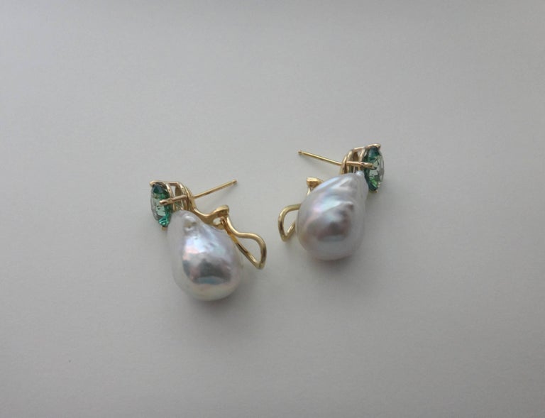 Michael Kneebone Green Topaz Baroque South Seas Pearl Earrings In Excellent Condition For Sale In Austin, TX