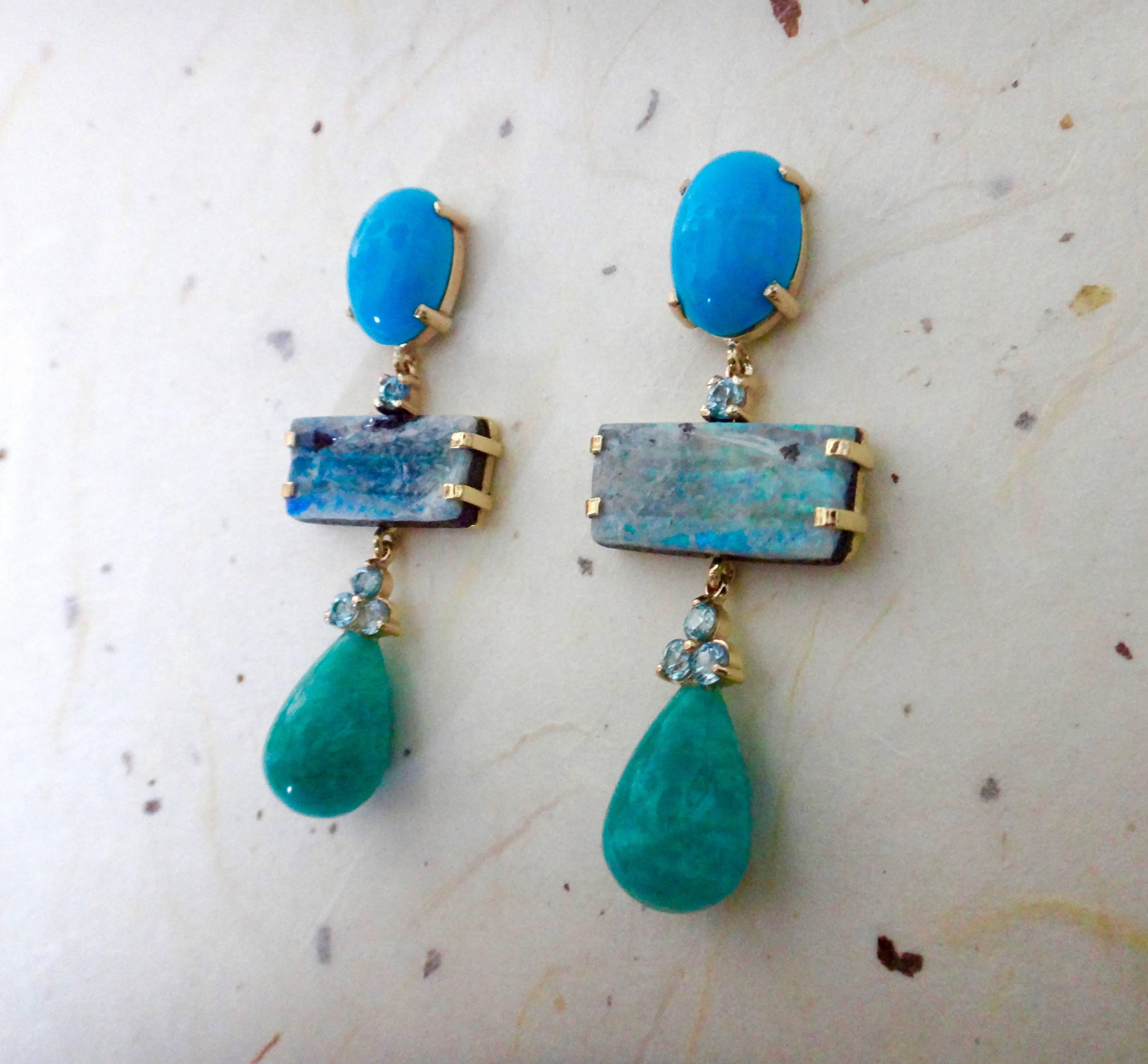 Contemporary Michael Kneebone Turquoise Zircon Boulder Opal Amazonite Dangle Earrings