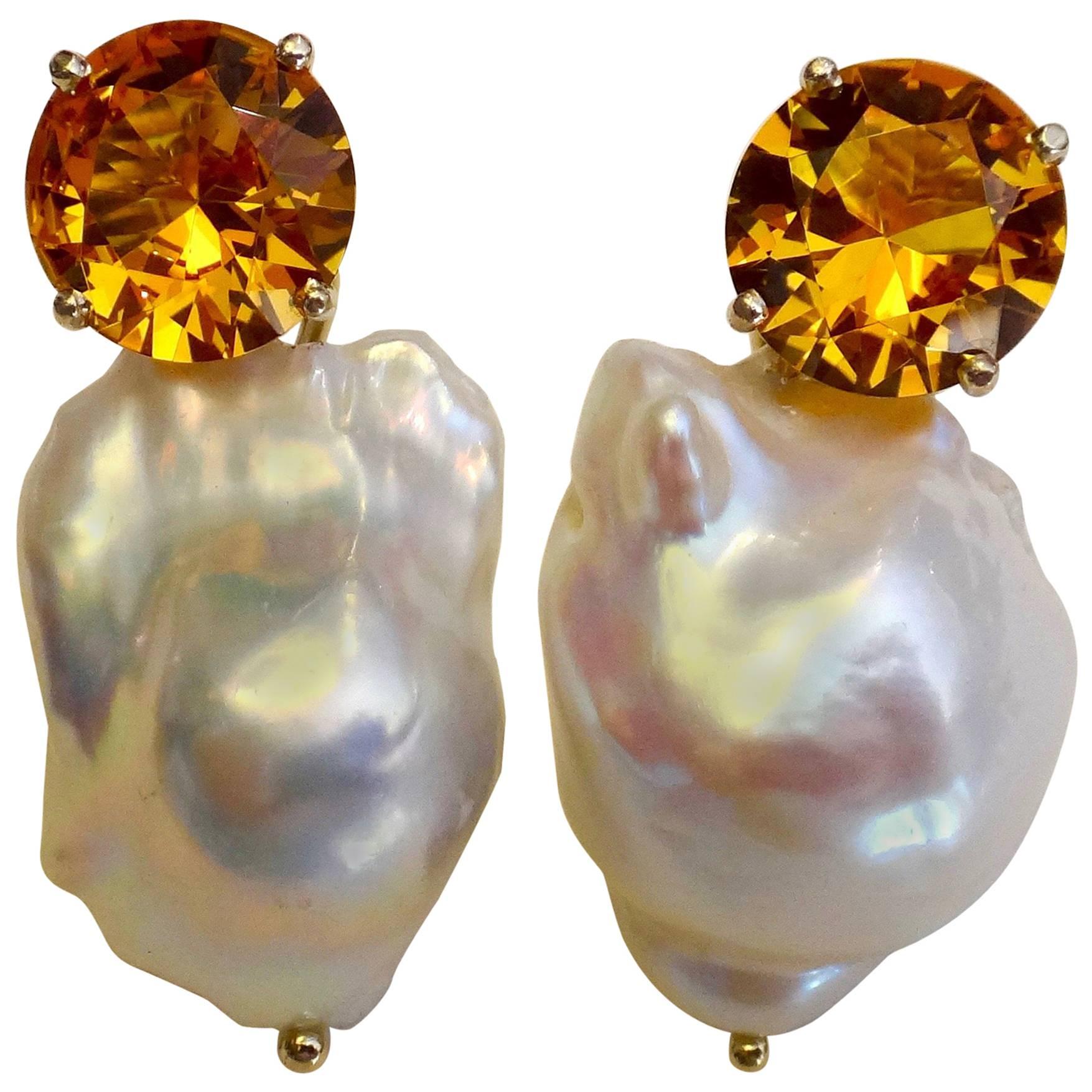 Michael Kneebone Golden Citrine White Baroque Pearl Earrings