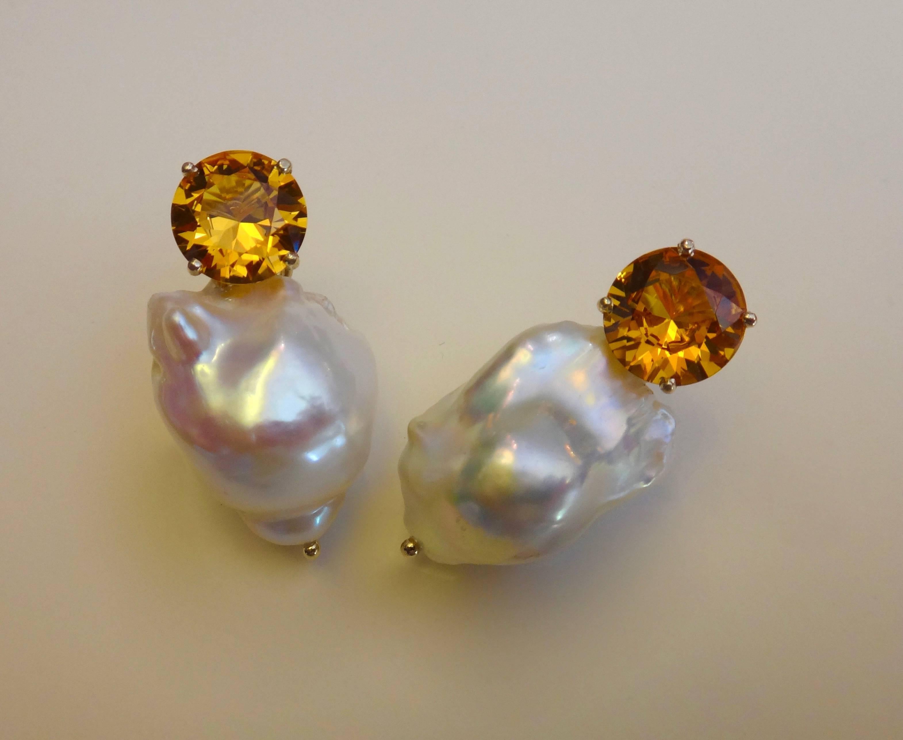 Contemporary Michael Kneebone Golden Citrine White Baroque Pearl Earrings