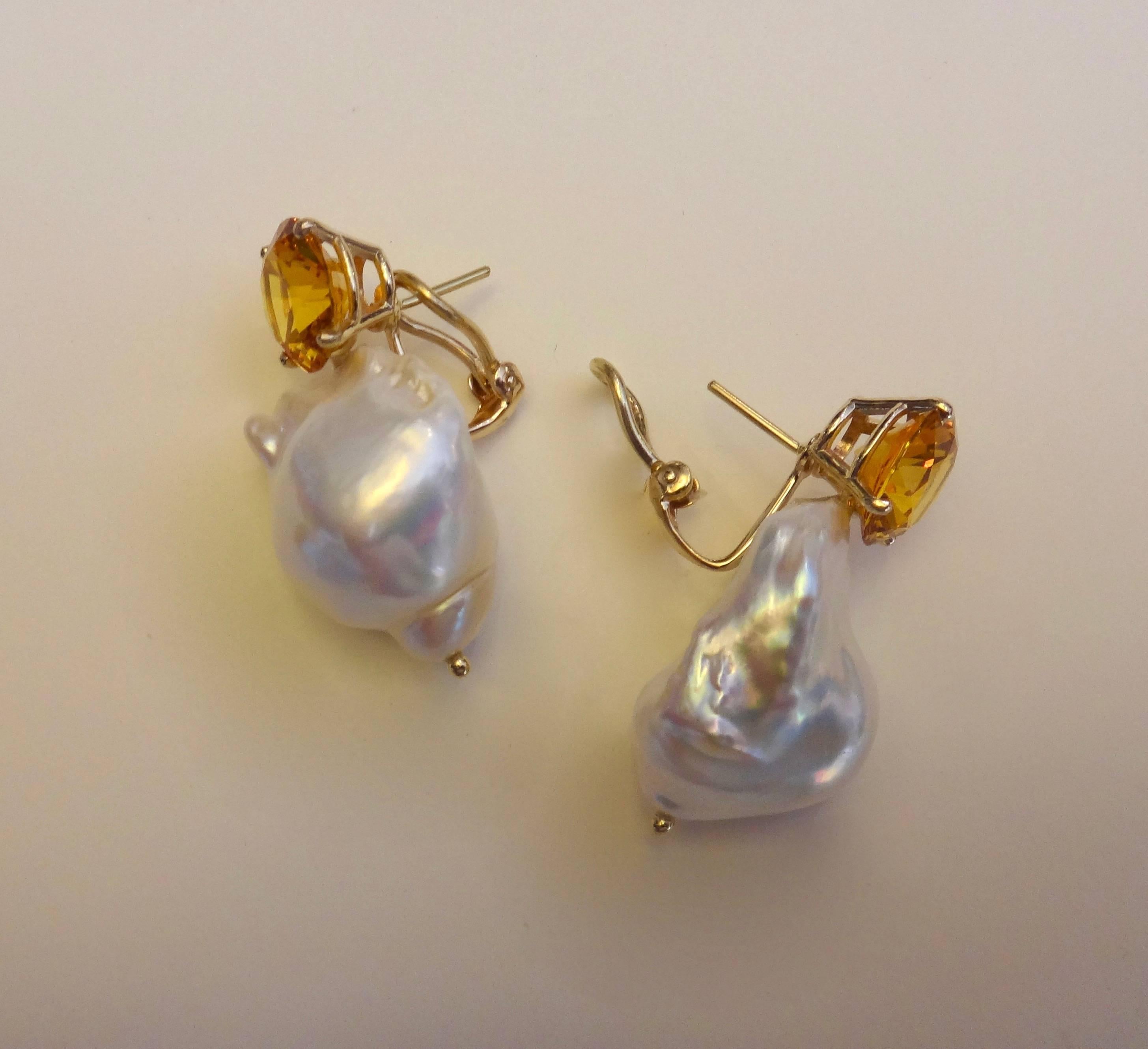 Michael Kneebone Golden Citrine White Baroque Pearl Earrings In Excellent Condition In Austin, TX