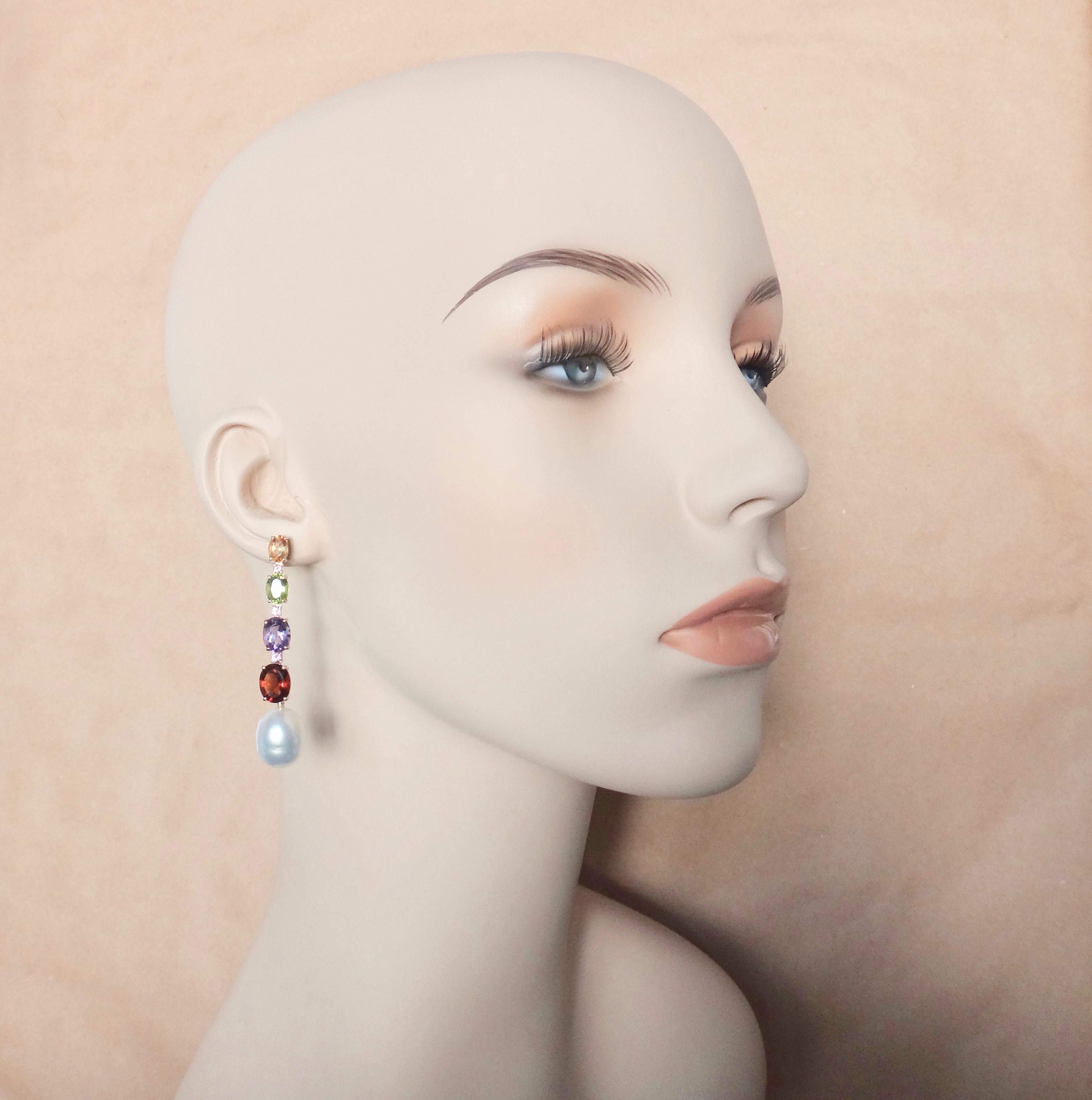 Contemporary Michael Kneebone Multicolored Gemstone South Seas Pearl Dangle Earrings