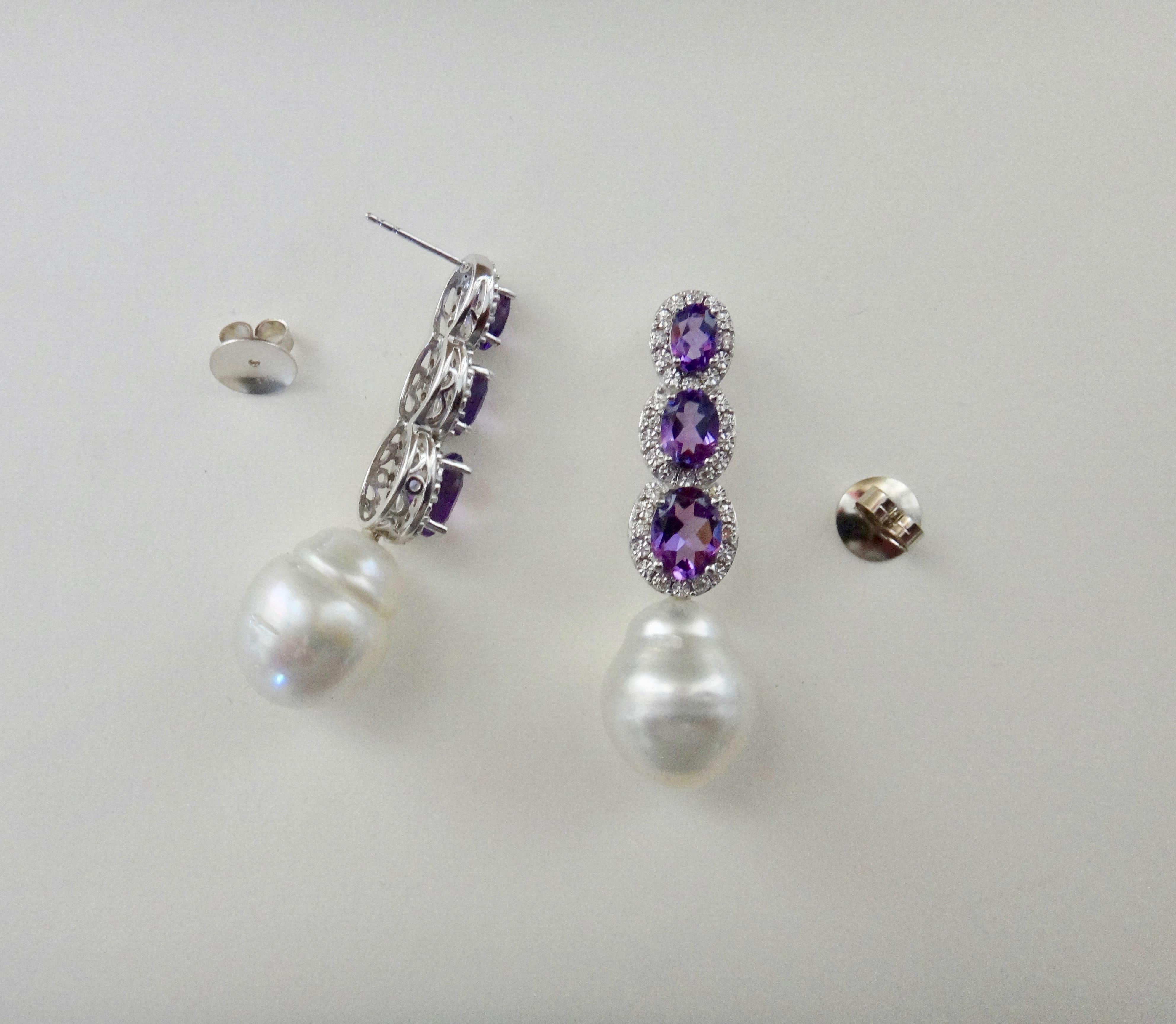 Contemporary Michael Kneebone Amethyst Diamond South Seas Pearl Dangle Earrings