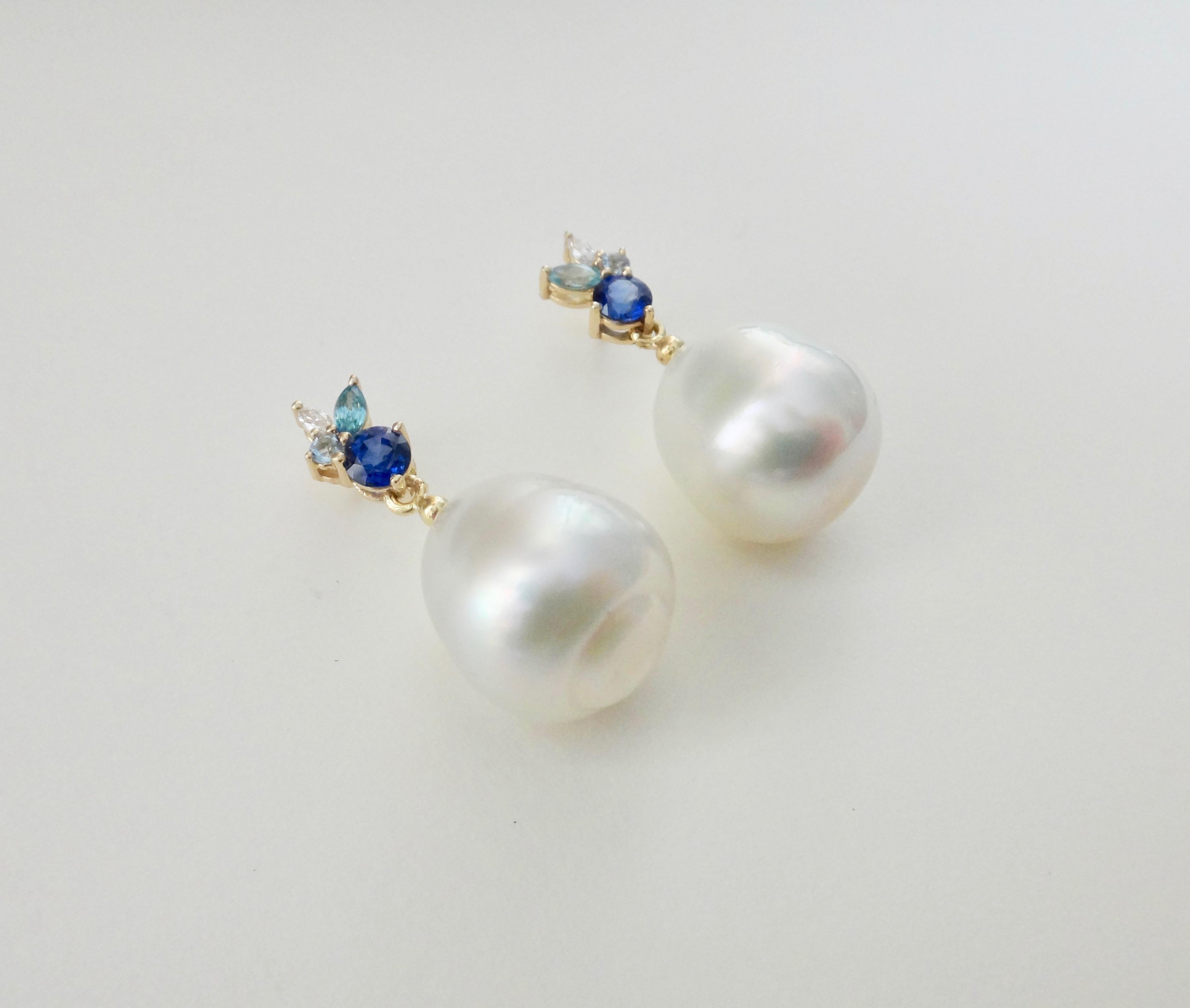 Michael Kneebone Sapphire Aquamarine Diamond South Seas Pearl Confetti Earrings In New Condition In Austin, TX