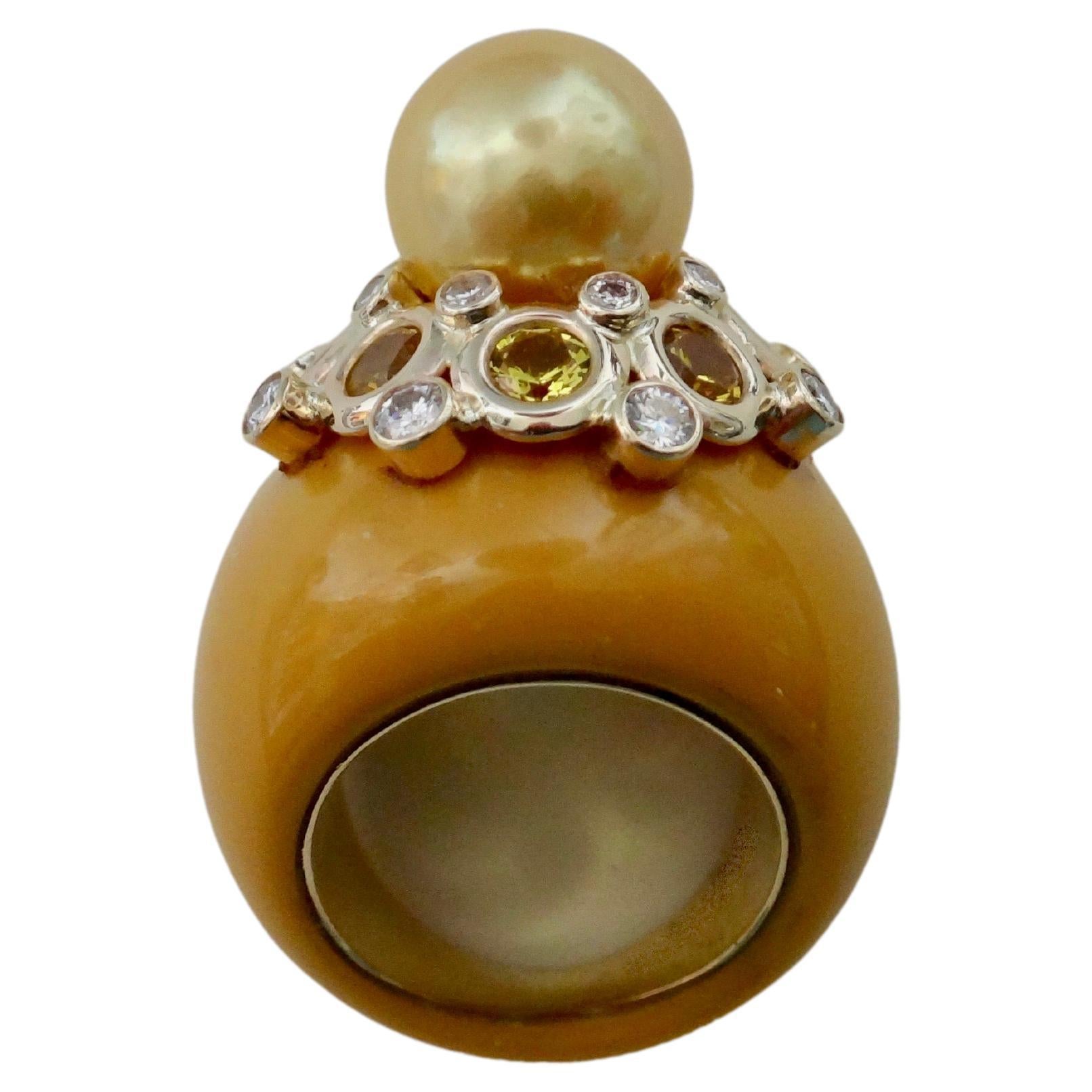 Michael Kneebone Golden South Seas Pearl Sapphire Diamond Bakelite Cocktail Ring For Sale