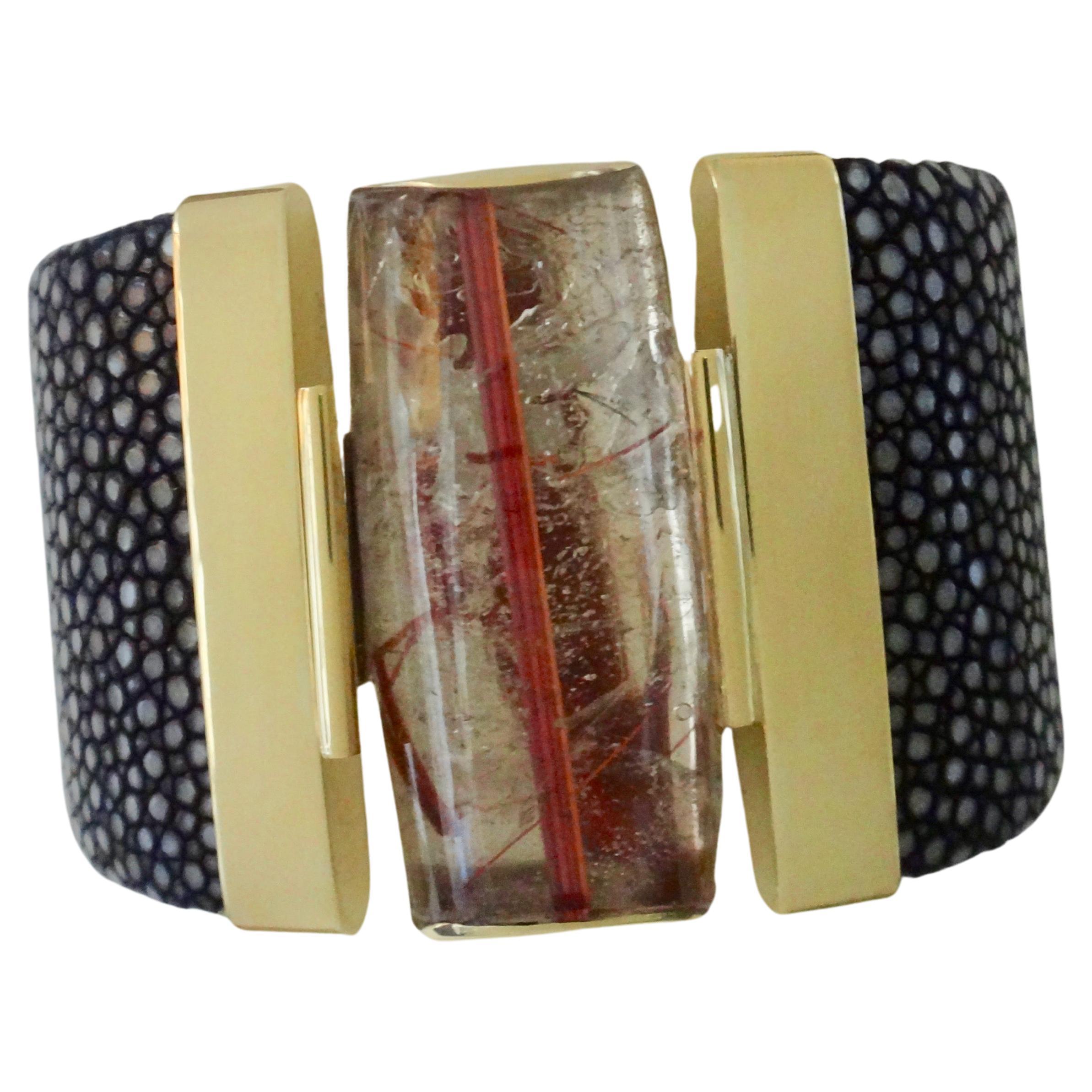 Michael Kneebone Rutilated Quartz Black Stringray Cuff Bracelet