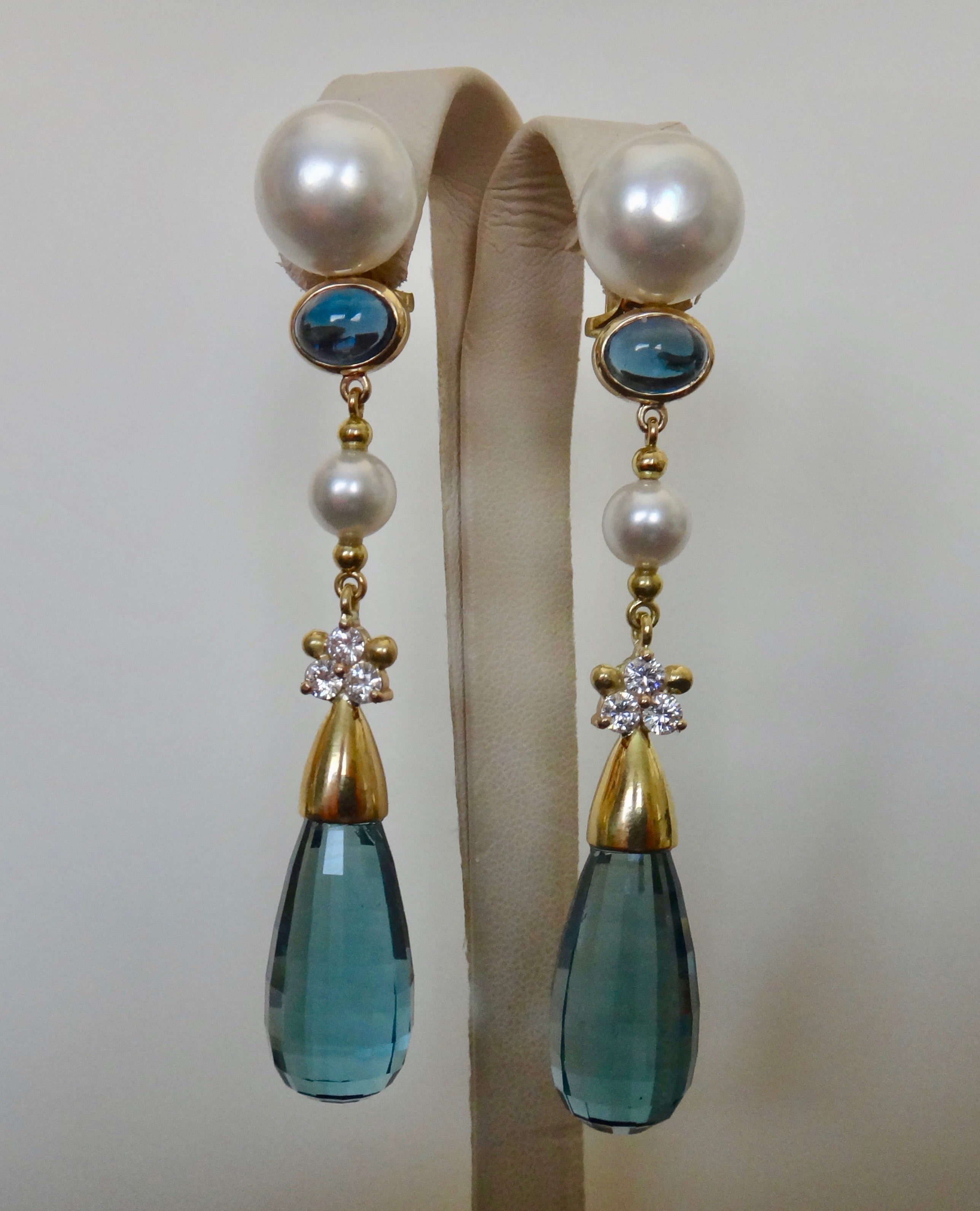 Michael Kneebone Blue Topaz Briolette Pearl Diamond Dangle Earrings