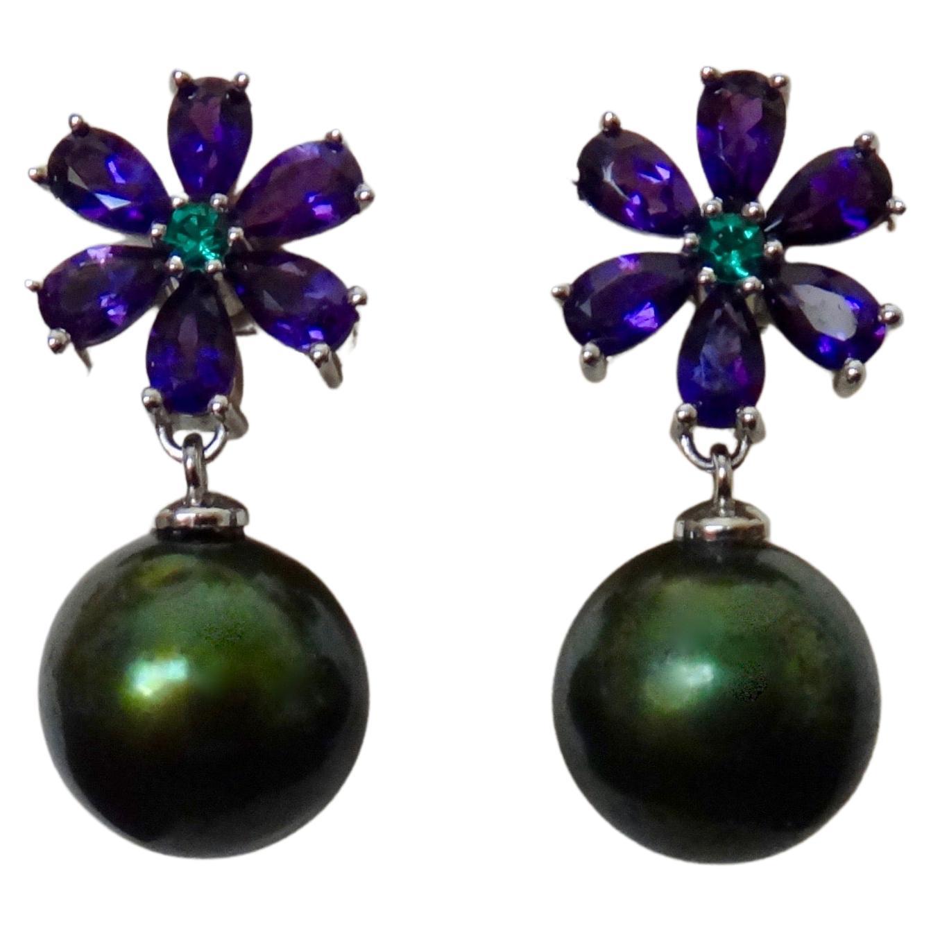 Michael Kneebone Amethyst Emerald Pistachio Tahitian Pearl Dangle Earrings