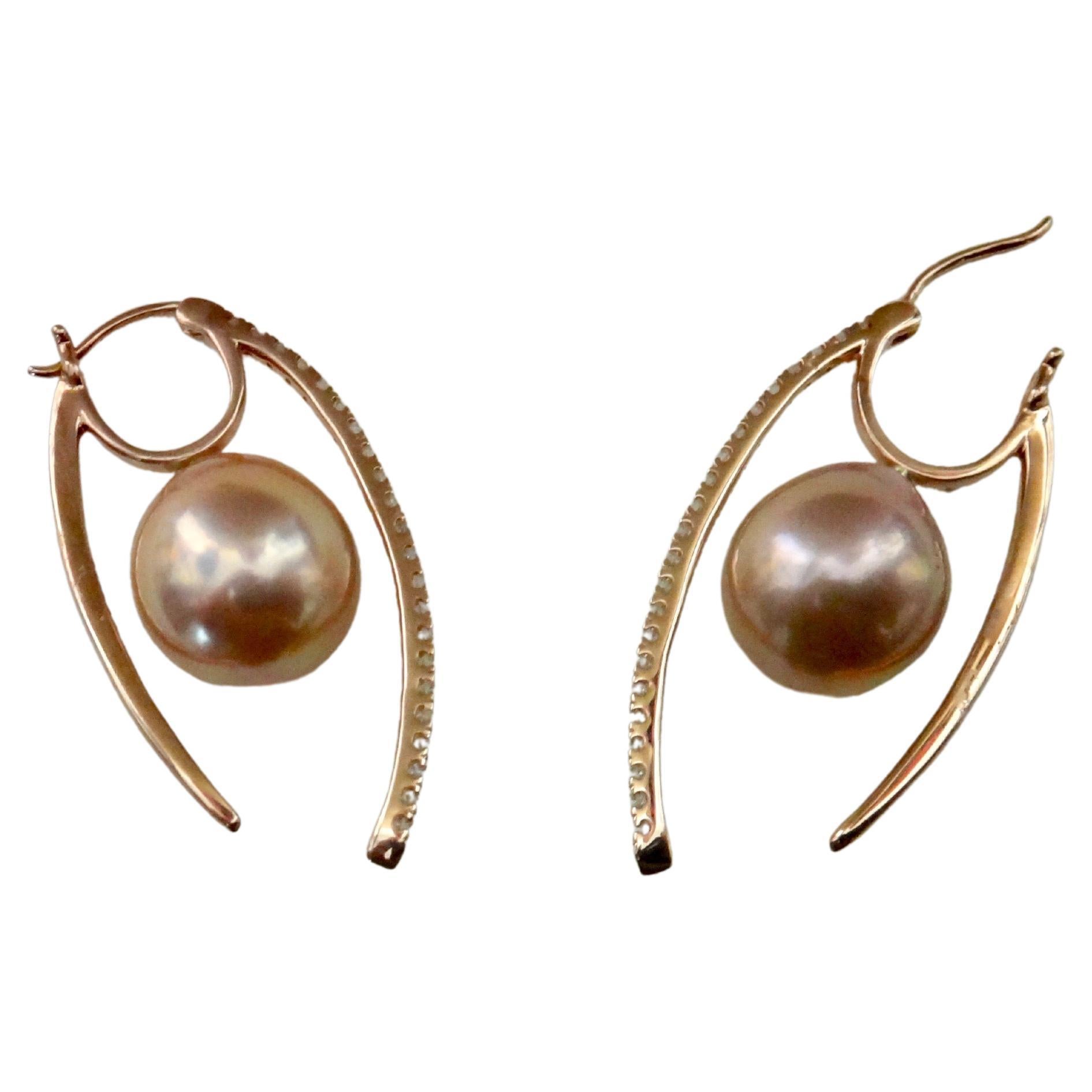 Michael Kneebone Kasumi Pearl Diamond Rose Gold "Broken Hoop" Earrings For Sale