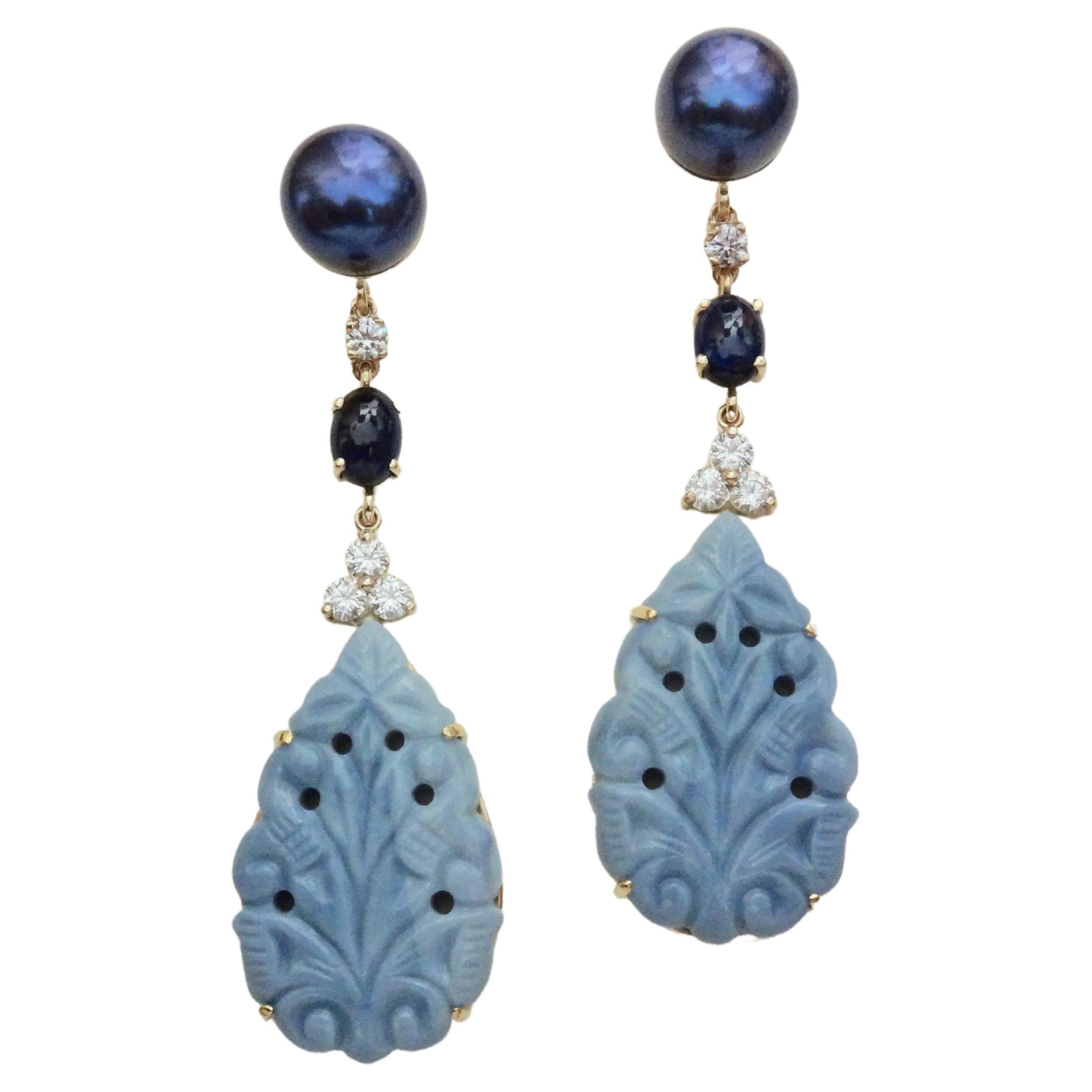 Michael Kneebone Blue Opal Sapphire Diamond Black Pearl Dangle Earrings For Sale