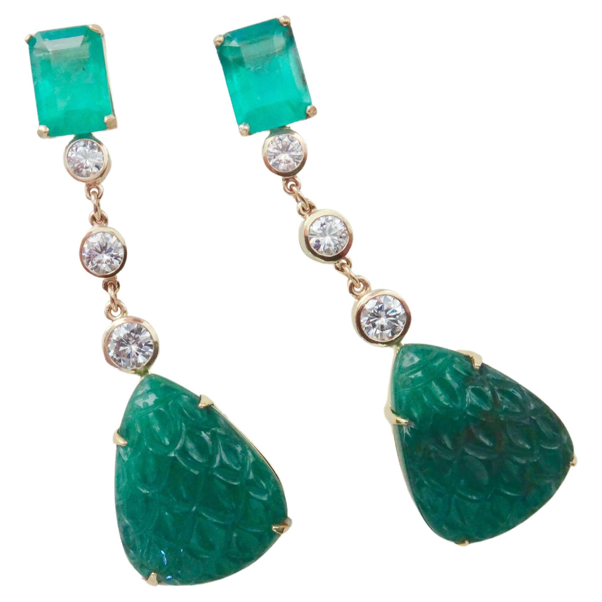 Michael Kneebone Carved Emerald and White Diamond Dangle Earrings For Sale