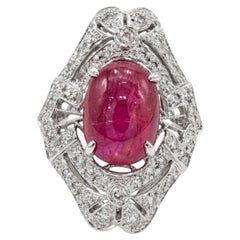 6.63ct Unheated Burma Cabochon Ruby & Diamond Platinum Ring GIA