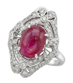 6.63ct Unheated Burma Cabochon Ruby & Diamond Platinum Ring GIA
