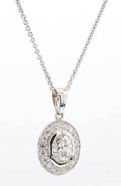 0.96 Carat Oval Diamond Halo Pendant Necklace in White Gold