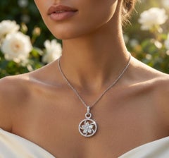 Collier avec pendentif en forme de fleur tourbillonnante, orné d'une poire et d'un diamant taille ronde, en or blanc 18 carats