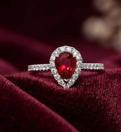 1.58 Carat Pear Shaped Ruby Diamond Halo Engagement Cocktail Ring 18K White Gold