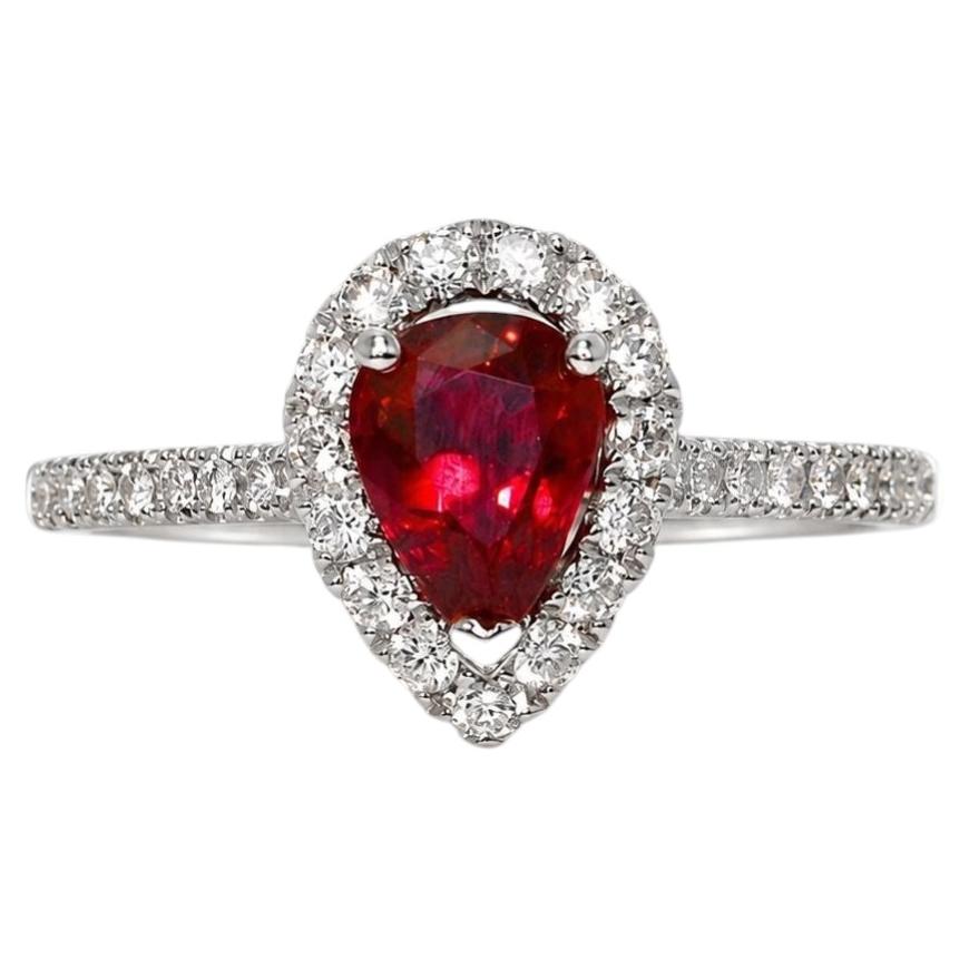 1.58 Carat Pear Shaped Ruby Diamond Halo Engagement Cocktail Ring 18K White Gold For Sale