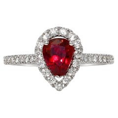 1.58 Carat Pear Shaped Ruby Diamond Halo Engagement Cocktail Ring 18K White Gold