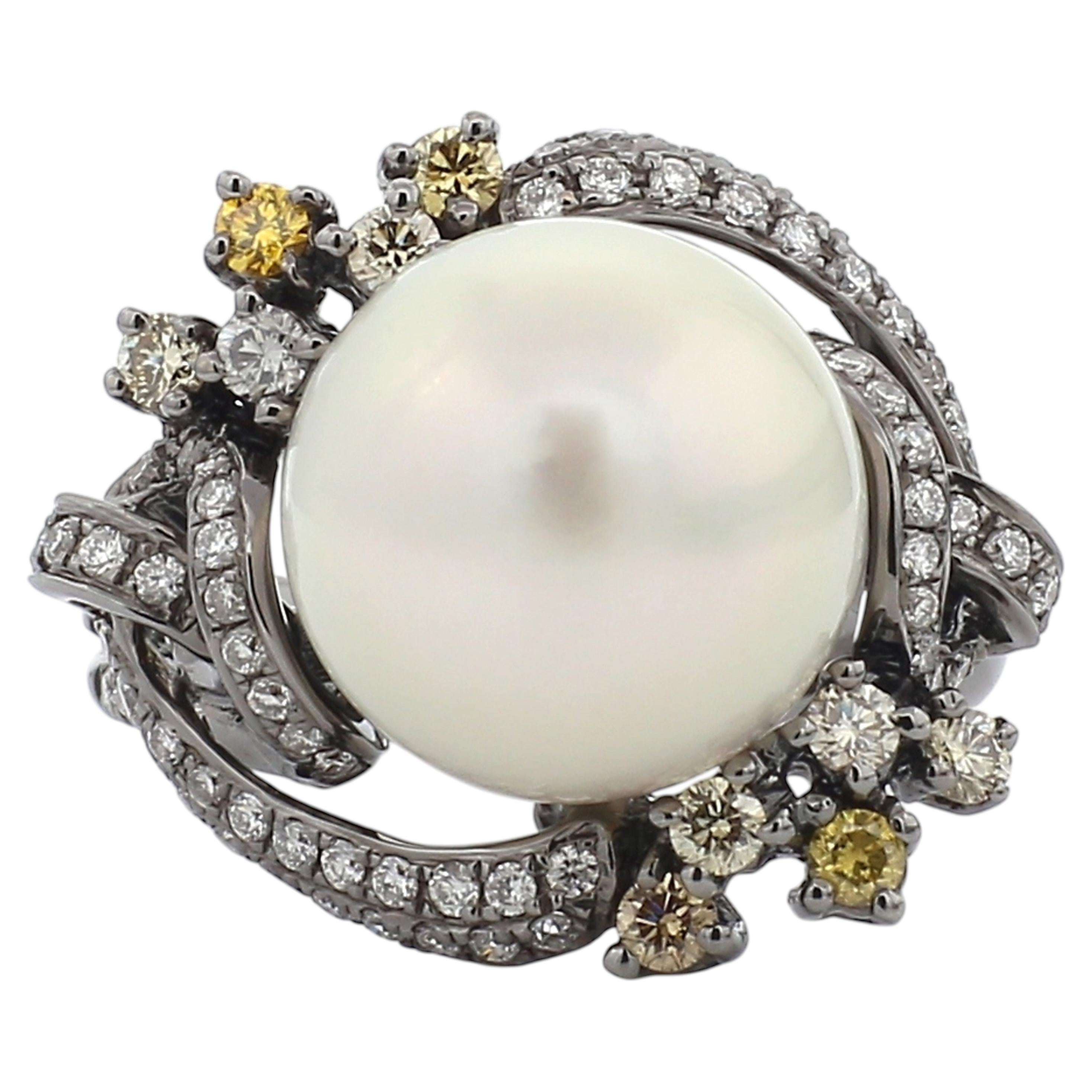 18K White Gold Pearl & Fancy Yellow Diamond Cocktail Ring