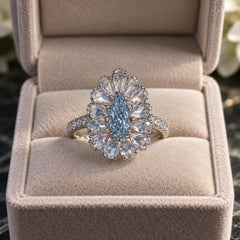 GIA 0.42 Carat Fancy Light Blue Pear Diamond Rose Cut Halo Platinum Ring