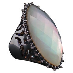 Large 18K Gold Moonstone Black Diamond and Diamond Cocktail Ring 26 Grams