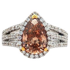 GIA 2.18ct Fancy Dark Orange-Brown Pear Diamond Halo Ring, 18K White Gold