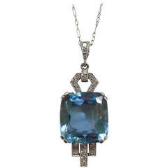 1920s Aquamarine Diamond Platinum Pendant