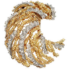 Textured Diamond Gold Platinum Crescent Shaped Brooch