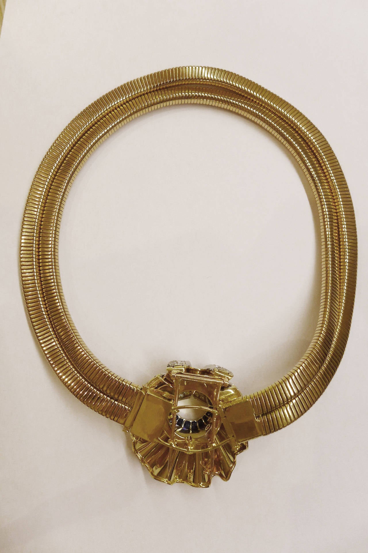 Spectacular 1940s Sapphire Diamond Gold Platinum Necklace For Sale 2