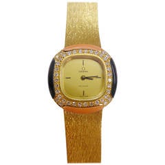 Vintage Omega Lady's Yellow Gold Manual Movement Onyx Coral Diamond Wristwatch