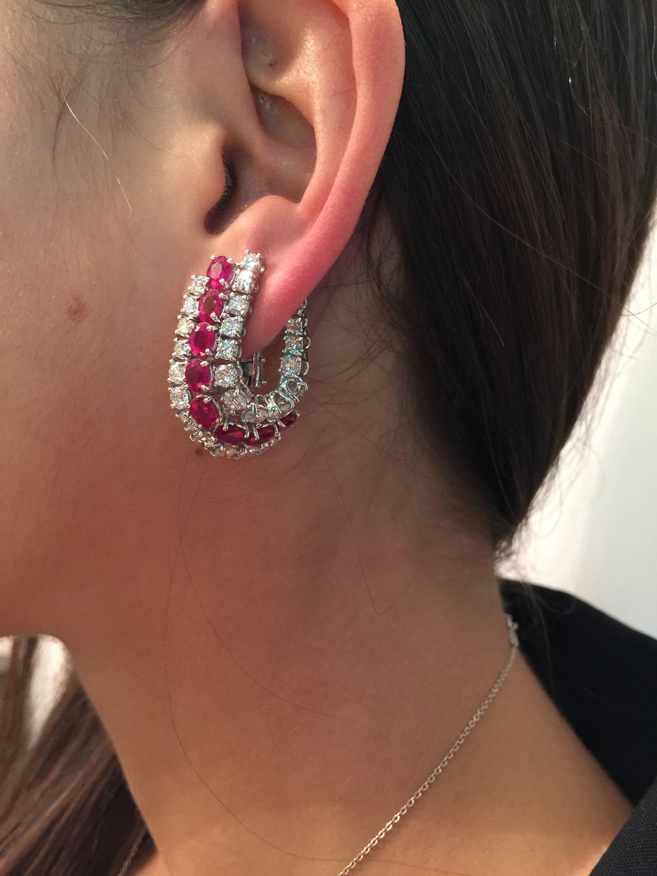 Ruby Diamond Platinum Hoop Earrings at 1stDibs