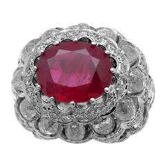 White Gold Dome Ring Set with an Oval Ruby and Diamonds 8