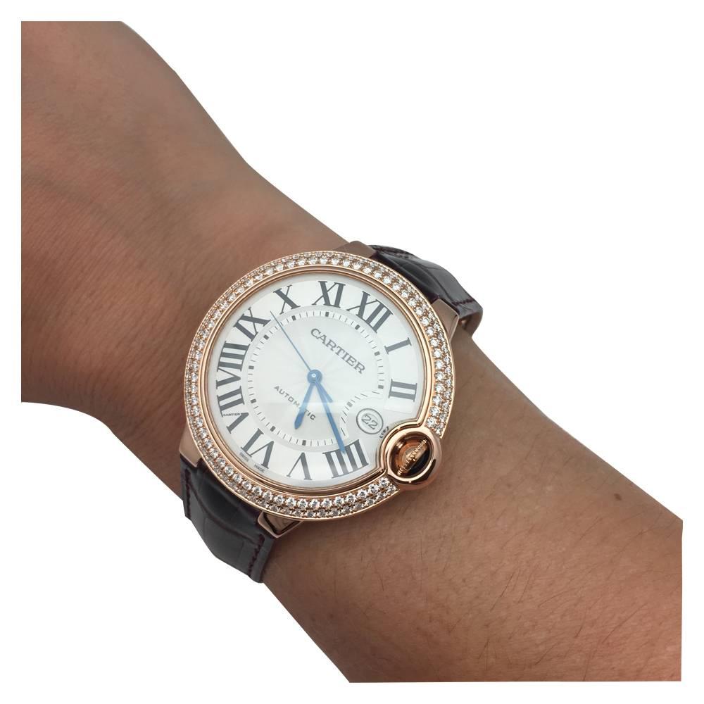 Contemporary Cartier Pink Gold Diamond Ballon Bleu Self Winding Wristwatch