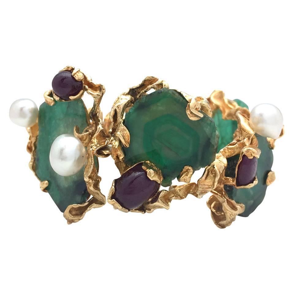 Yellow Gold Gilbert Albert Bracelet, Emeralds, Rubies and Pearls