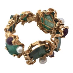 Yellow Gold Gilbert Albert Bracelet, Emeralds, Rubies and Pearls