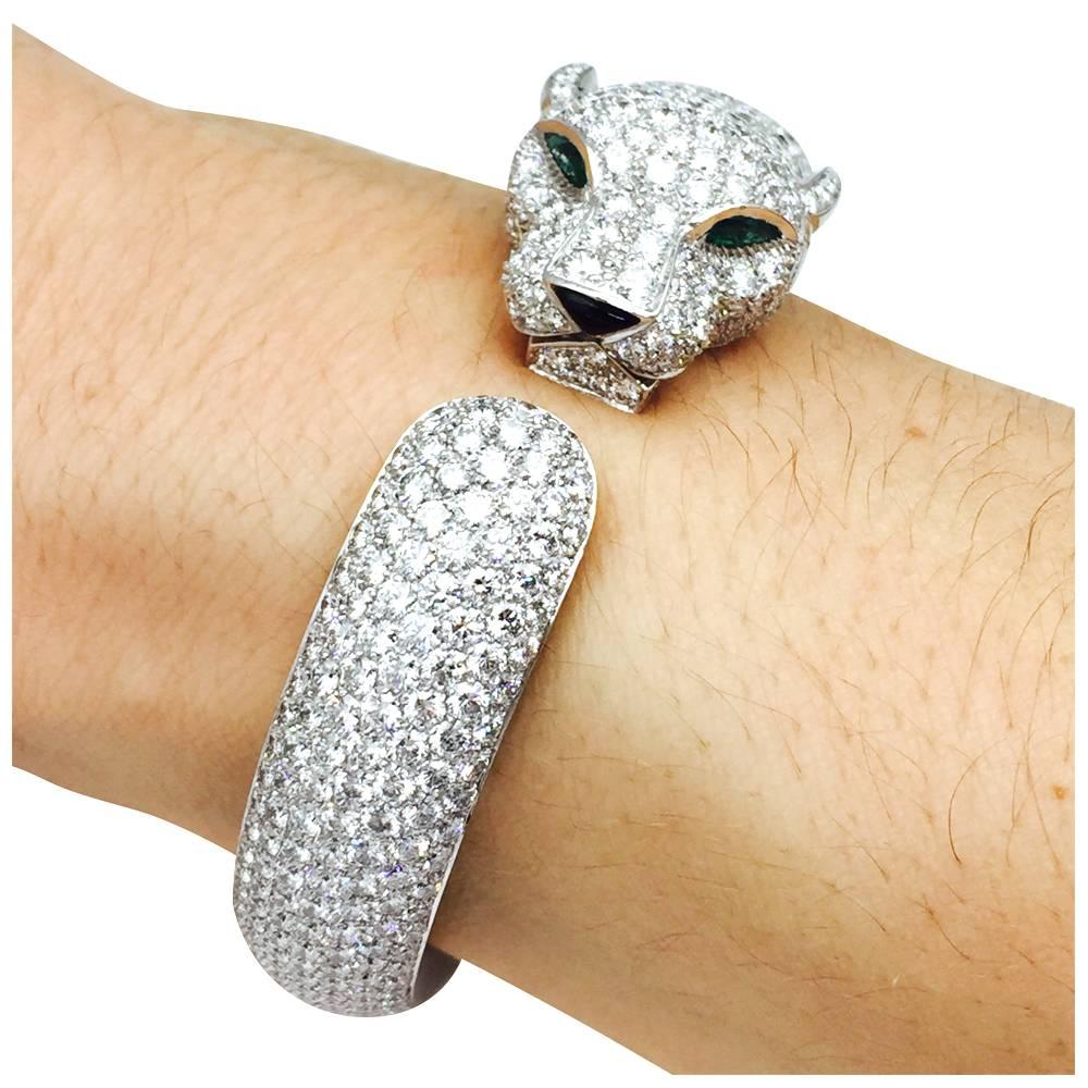 Women's or Men's Cartier Panther Collection Diamonds Emerald Onyx Bangle