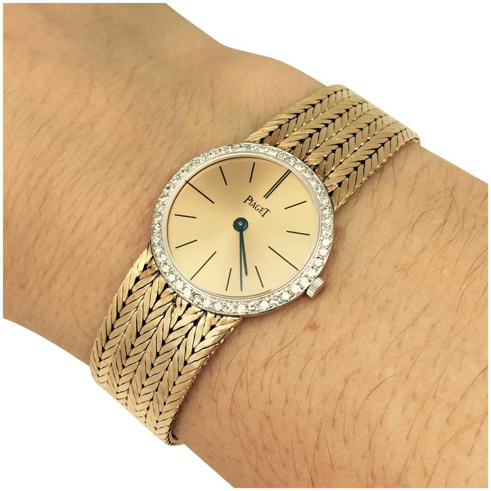 Round Cut Piaget Yellow Gold Diamond Vintage Manual Wristwatch