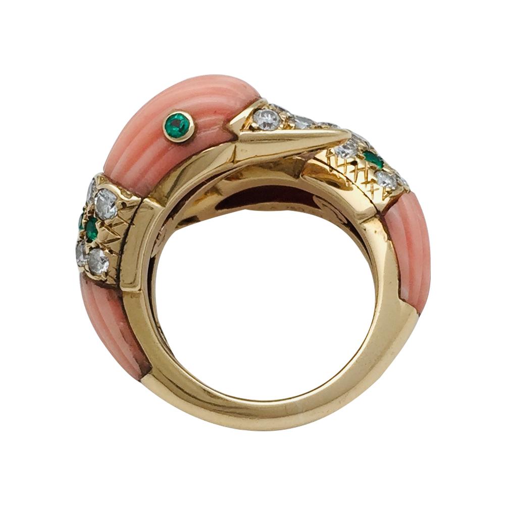 Women's or Men's Van Cleef & Arpels Ducks Ring, Coral, Emeralds and Diamonds