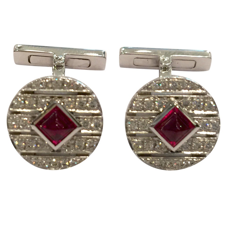 Cartier Cabochon Ruby Diamond Gold Cufflinks