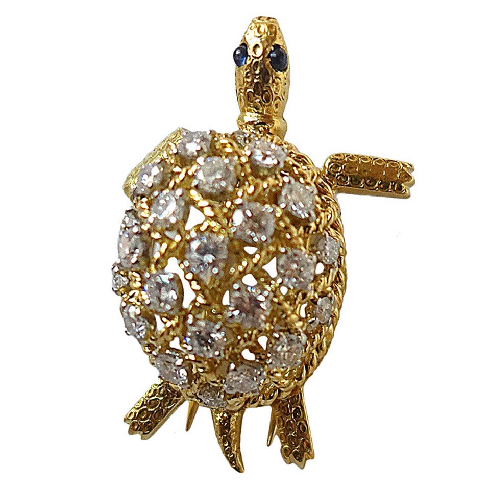 Cartier Sapphire Diamond Gold Turtle Brooch