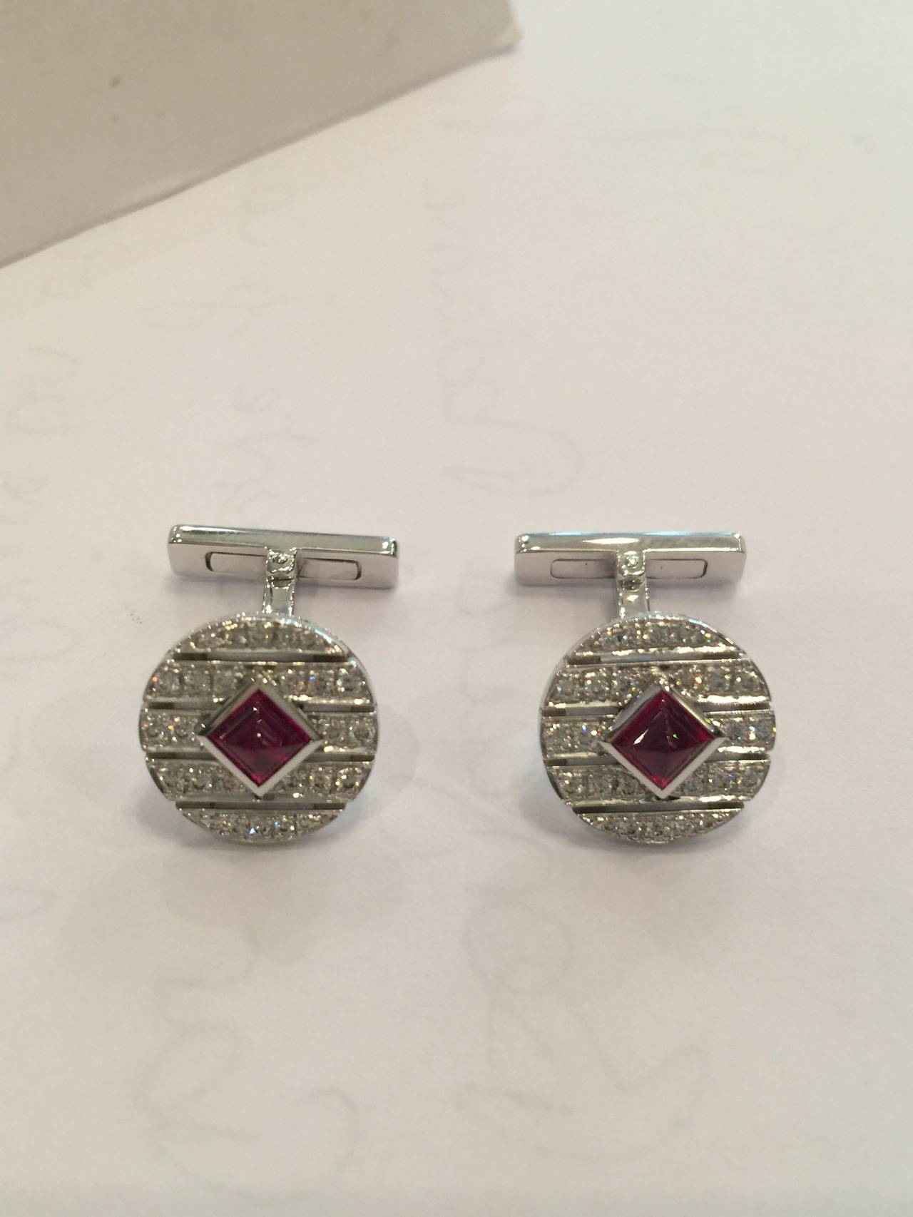 Men's Cartier Cabochon Ruby Diamond Gold Cufflinks