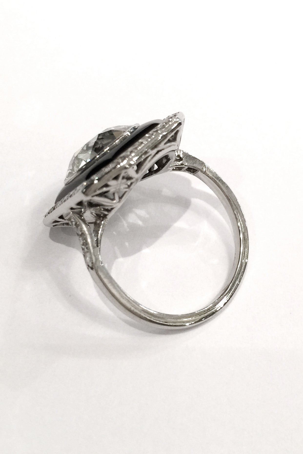 Women's Art Deco Onyx 4 Carat Circular Cut Diamond Platinum Ring For Sale