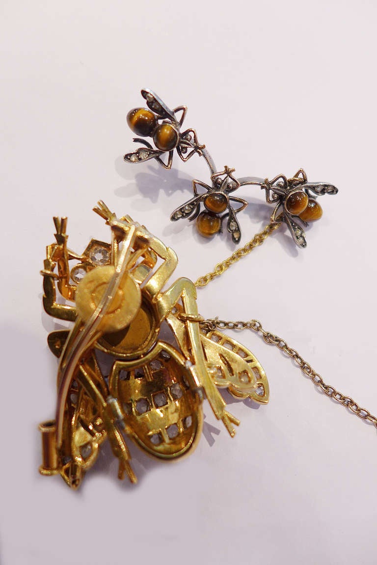 Victorian Enamel Tiger's Eye Silver Gold Double Bee Brooch