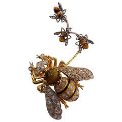 Enamel Tiger's Eye Silver Gold Double Bee Brooch