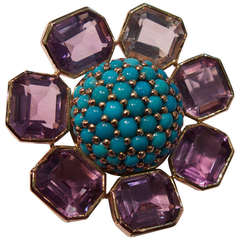 Amethyst Turquoise Yellow Gold Flower Ring