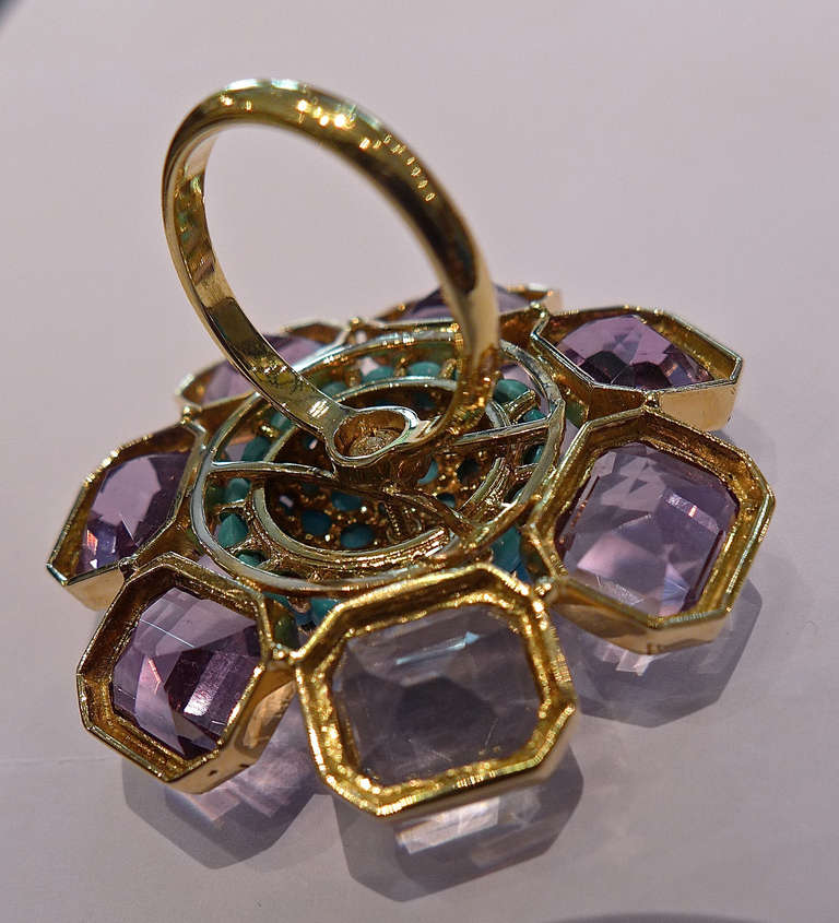 Amethyst Turquoise Yellow Gold Flower Ring In Excellent Condition In Paris, IDF
