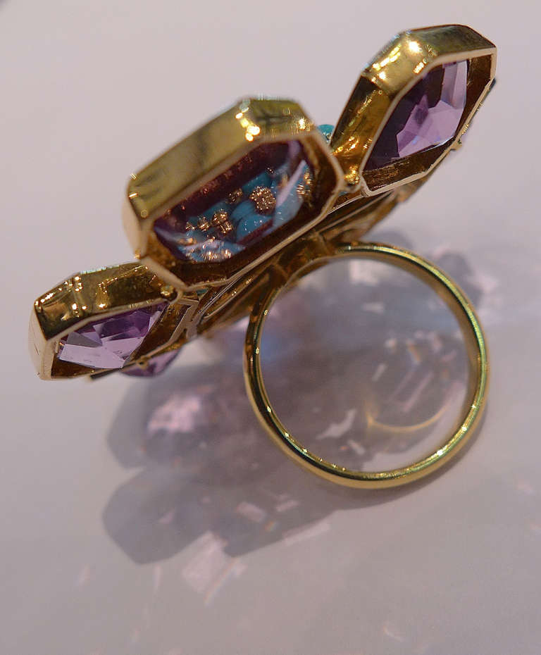 Contemporary Amethyst Turquoise Yellow Gold Flower Ring
