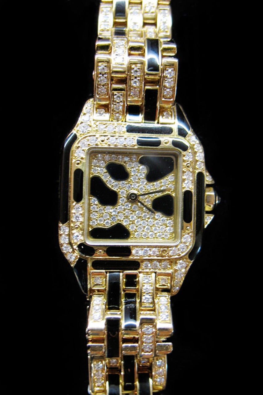 Women's Cartier Lady's Yellow Gold Diamond Black Enamel Panther Quartz Wristwatch